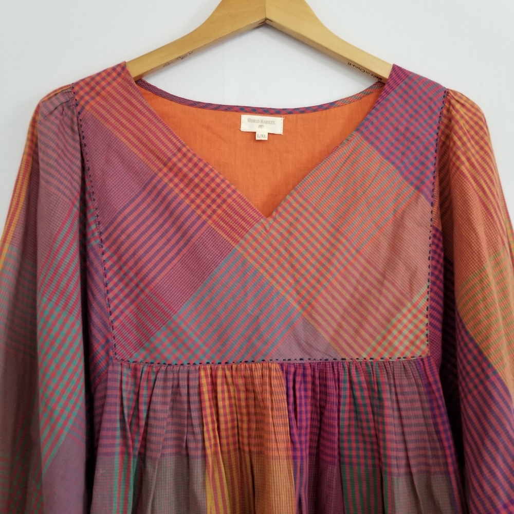 World Market Boho Checker Print Plaid Balloon Sleeve Blouse Size L/XL - Picture 3 of 8
